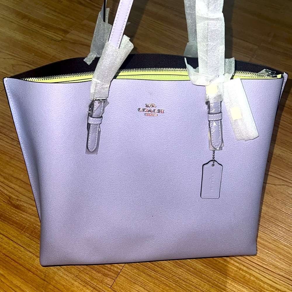 - COACH genuine leather lavender tote lime inside